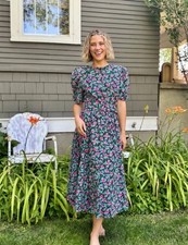 Vintage Laura Ashley Romantic Rose Floral Midi Dress Sz 12 Puff Sleeve Cottage