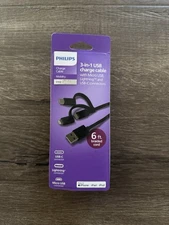 Philips 3-in-1 USB Black Charging Cable - 6 ft - Brand New