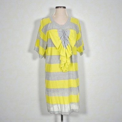 SONIA BY SONIA RYKIEL Yellow Gray Striped Bow Shirt Dress Size Small