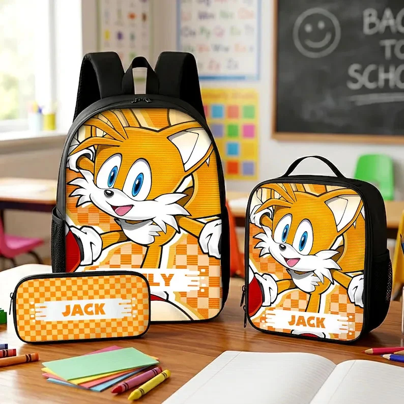 Personalized Fox Character School Backpack Lunch Bag Pencil Case 3PCS Set