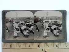 Stereoview Market Scene with White-Roofed Booths and Old Church Tower in Jonkopi