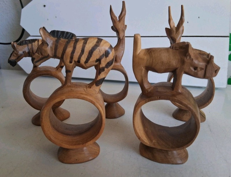 Wooden Vintage Safari African Animal Napkin Rings Hand Carved Set of 5