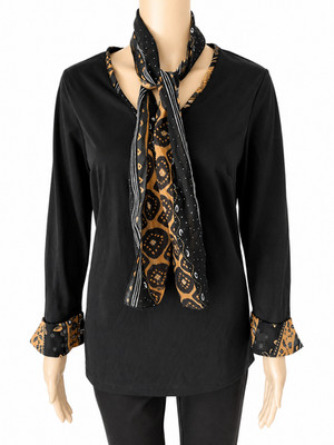 Top schwarz elegant mit bedrucktem Schal