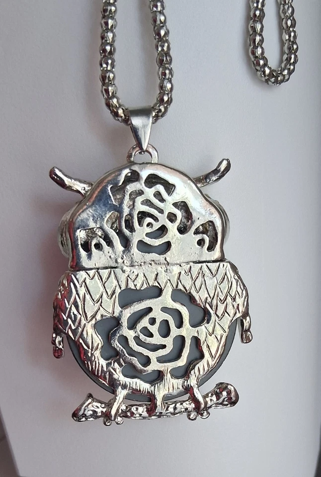 Collar lindo! Espejo gordito Betsey Johnson, ojos de cristal azul búho, cadena larga Foto 4 de 4