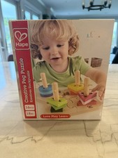 Hape Creative Peg Puzzle - 16 Pieces, Wooden Toddler Stacking Shape Puzzle Toy
