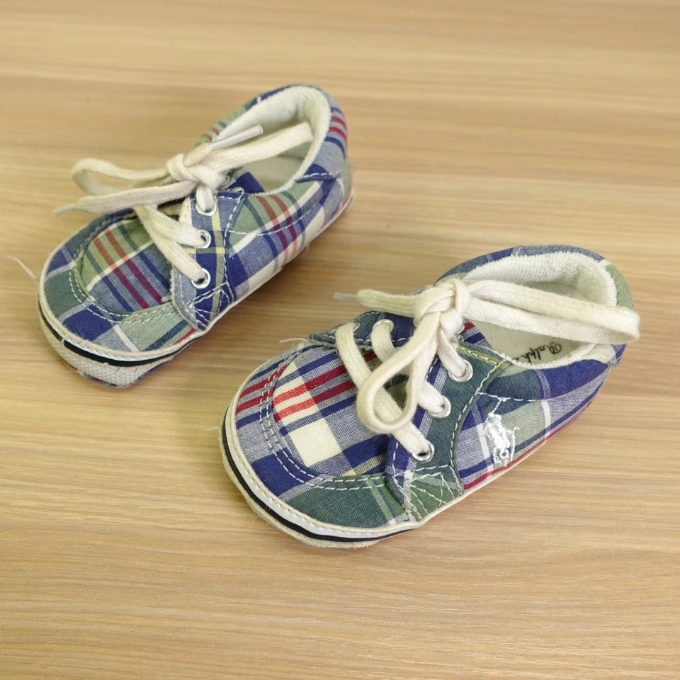 Polo Ralph Lauren Sneakers Baby 3 Blue Madras Plaid Pony RL Crib Shoes Brisbane - Image 2 of 4