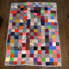 Vtg Crazy Quilt Handmade MCM 1960s Colorful Squares Polyester 57" x 42"
