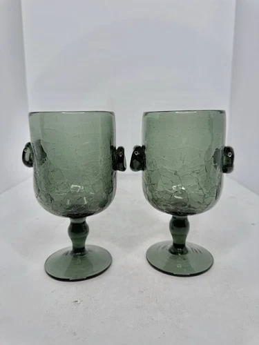 HTF 2pcs Vintage MCM Blenko Glass Pre Catalog Goblets Charcoal Crackle W/blob