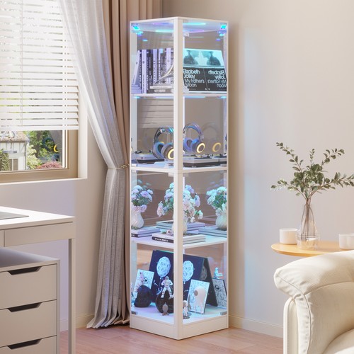 Gurexl Display Cabinet with Glass Doors, Corner Curio Cabinet with RGB Lights
