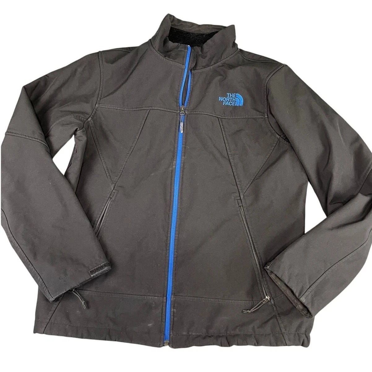 The North Face Mens M Black Full Zip Fleece Jacket Blue Trim Soft Shell Coat