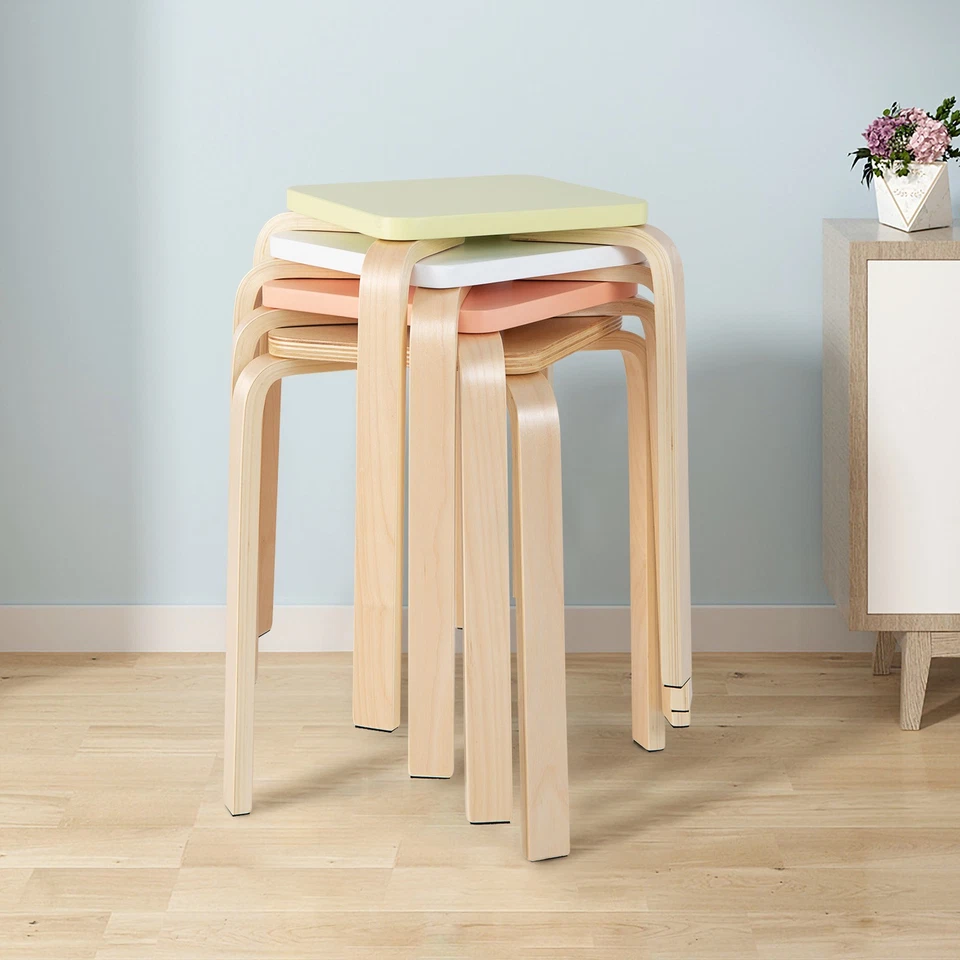 Set of 4 Colorful Square Stools Stackable Wood Stools with Anti-slip Felt Mats - Image 3 of 4