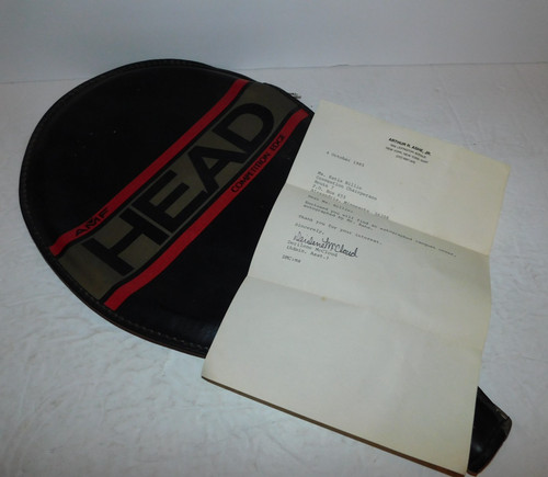 RARE 1985 ARTHUR ASHE AUTOGRAPH TENNIS RACQUET COVER WITH LETTER FROM HIS OFFICE