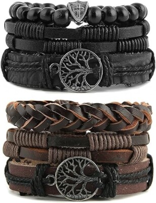 HZMAN Men's Leather Tree of Life Bracelet Combo