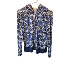 N.y.l. Blue White Floral Design Zip Up Cardigan Hoodie Women's Size Petite Large