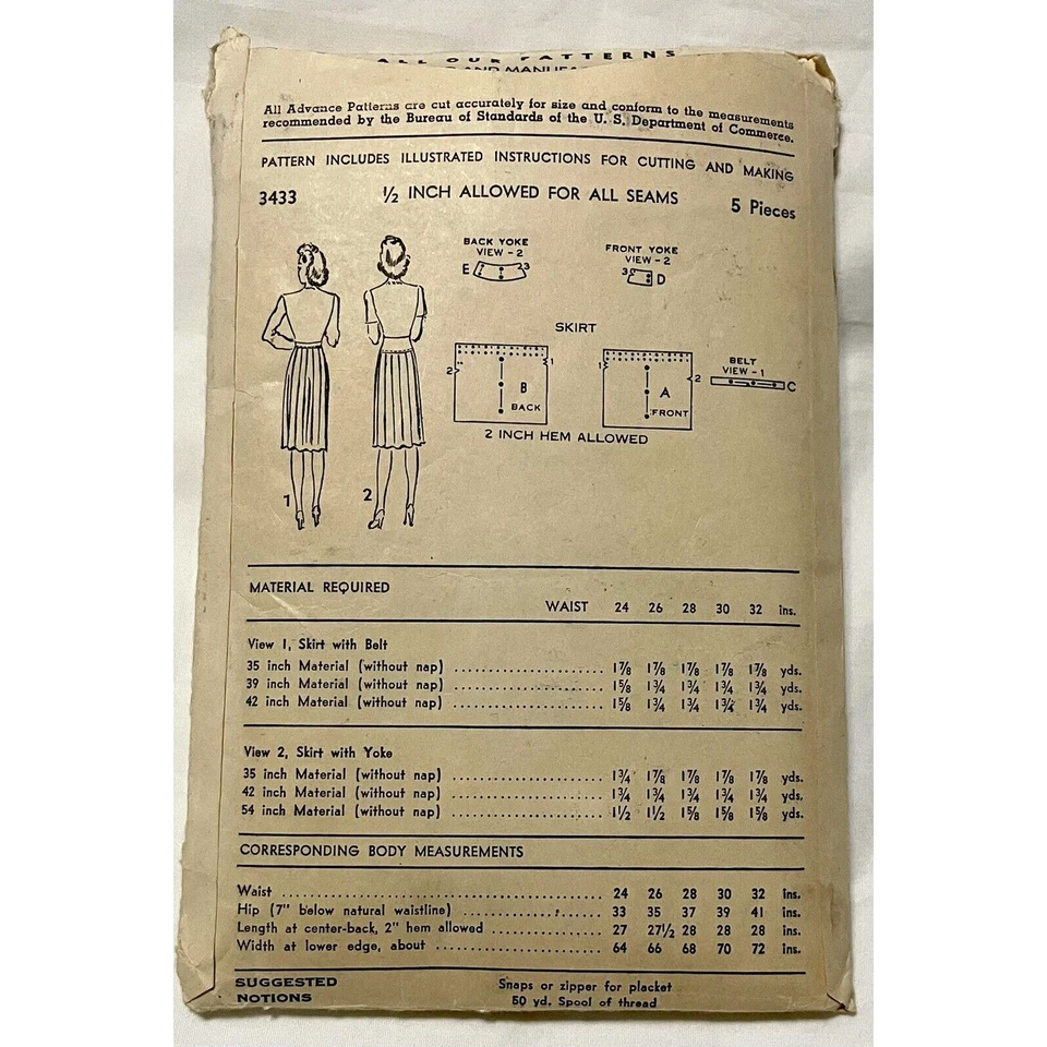 Vintage Sewing Pattern Advance 3433 Skirt Pleated Belt Yoke UNCUT 1940's Era - Image 2 of 4