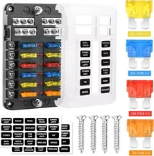 12 Way 12V Fuse Box Blade, 12Volt Fuse Block with LED Indicator Waterproof Cover