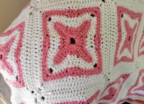 Vintage Crochet Afghan Blanket Throw Handmade Granny Square Pink & White 56 x 68