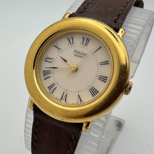 Vintage Pulsar Quartz Watch V811-1670 Women Gold Tone Leather Analog New Battery