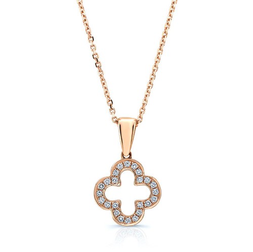 14k Rose Gold Diamond Open Clover Pendant Necklace Natural Round Cut Womens 0.12
