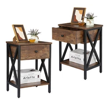 Set of 2 Brown End Table Nightstand Storage Shelf with Drawer for Living Room