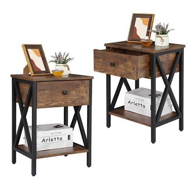 #ad #ad Set of 2 End Tables X Design Legs Side Sofa Table Storage Shelf W Drawer Brown $65.58