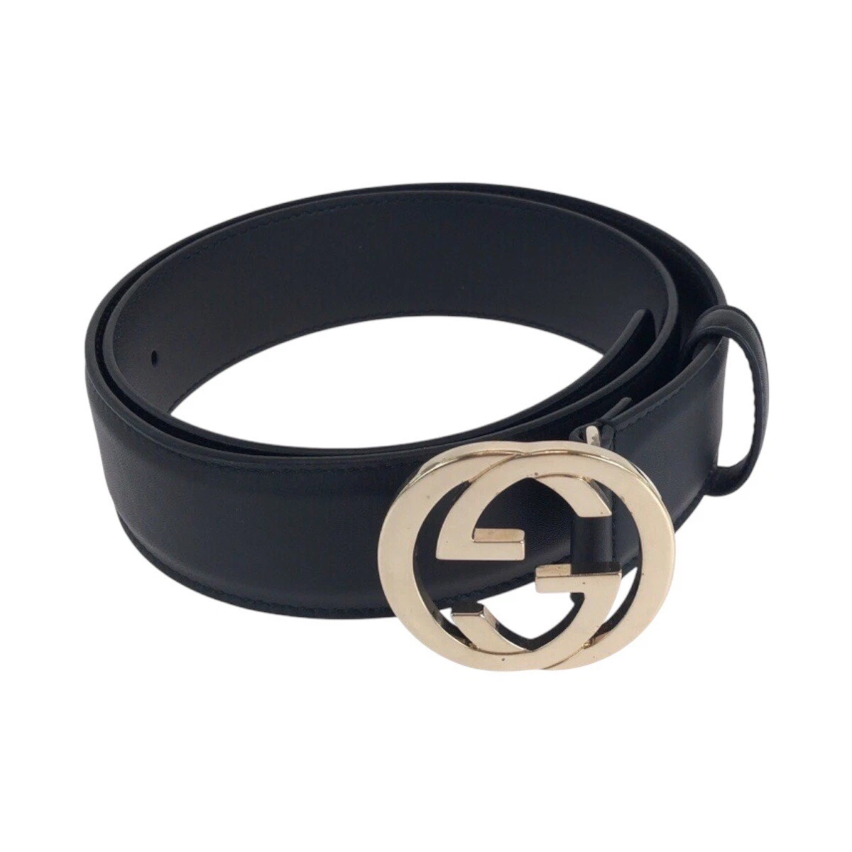 GUCCI Interlocking 370543 Ceintures Unisexe Noir Or Quincaillerie Cuir GG