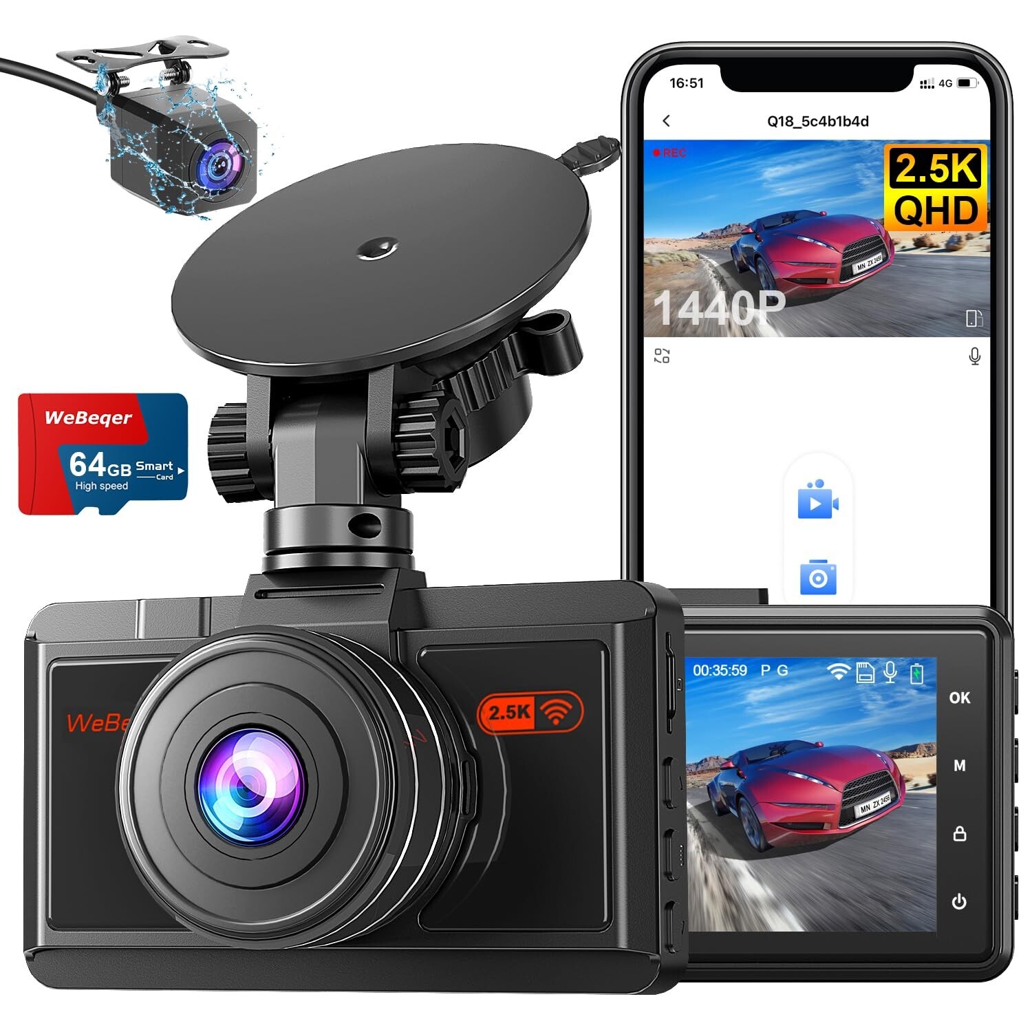 Dash Cam Front and Rear 2.5K 1080P with 64GB Card Built-in Features-image