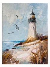 Original Oil Painting – Lighthouse on the Beach – Golden Hour Sunrise