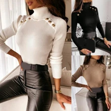 Womens Casual High Neck Tops Button Long Sleeve Pullover Ladies Bodycon Blouse