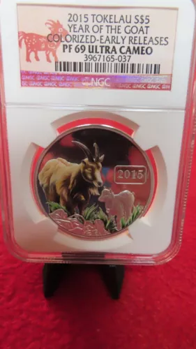 2015 TOKELAU S$5 YEAR OF THE GOAT COLORIZED PROOF COIN NGC PF PR 69 Ultra Cameo