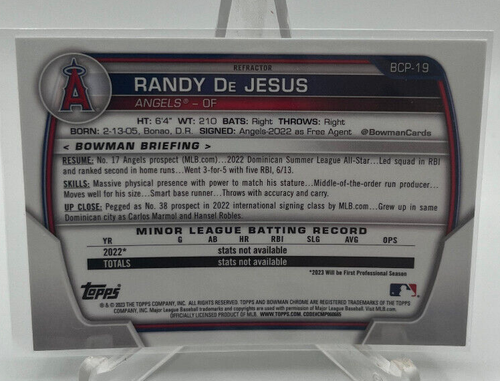 2023 Bowman Cromo Randy De Jesus Verde Lunar #BCP-19 Angels Bowman 1er - Imagen 2 de 2