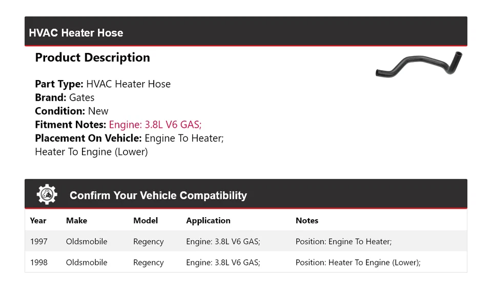 Para Oldsmobile Regency 1997-1998 3,8 L V6 Gas HVAC Calefacción Manguera Puertas Foto 2 de 4
