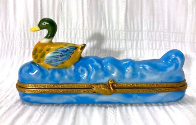 LIMOGES TRINKET Box DUCK ON WAVE, Peint Main AF #68 of 999 France JD Mint cond