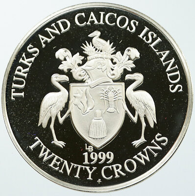 1999 TURKS & CAICOS Scarlet Flamingo COLOR Proof Silver 20 Crown