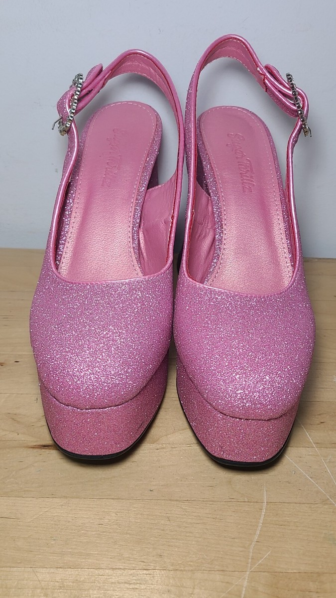 Sugar Thrillz Paradise Heart Pink Glitter Platform Heels