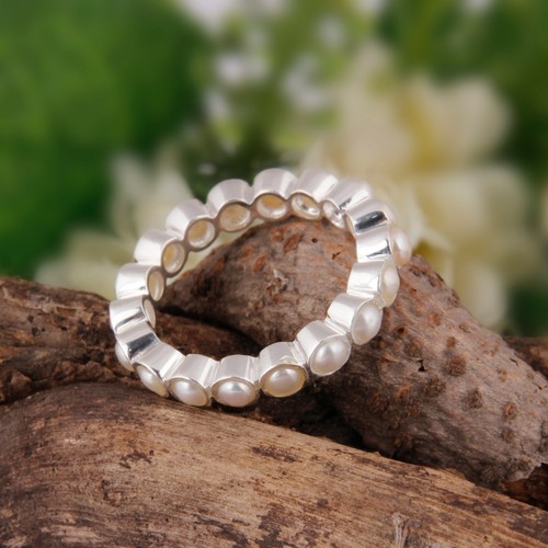Fresh Water Pearl Eternity Ring 925 Sterling Silver Engagement Band Ring - Picture 4 of 7