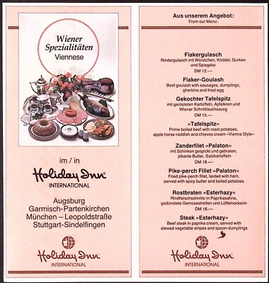 Holiday Inn International Viennese Specials GERMAN Table Top Promo Menu 