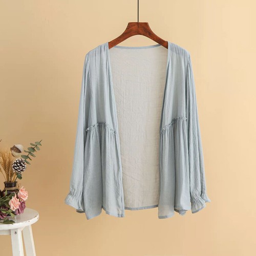 Women Long Ruffle Sleeve Cardigan Open Cotton Linen Summer Jacket Coat Top - Picture 6 of 20