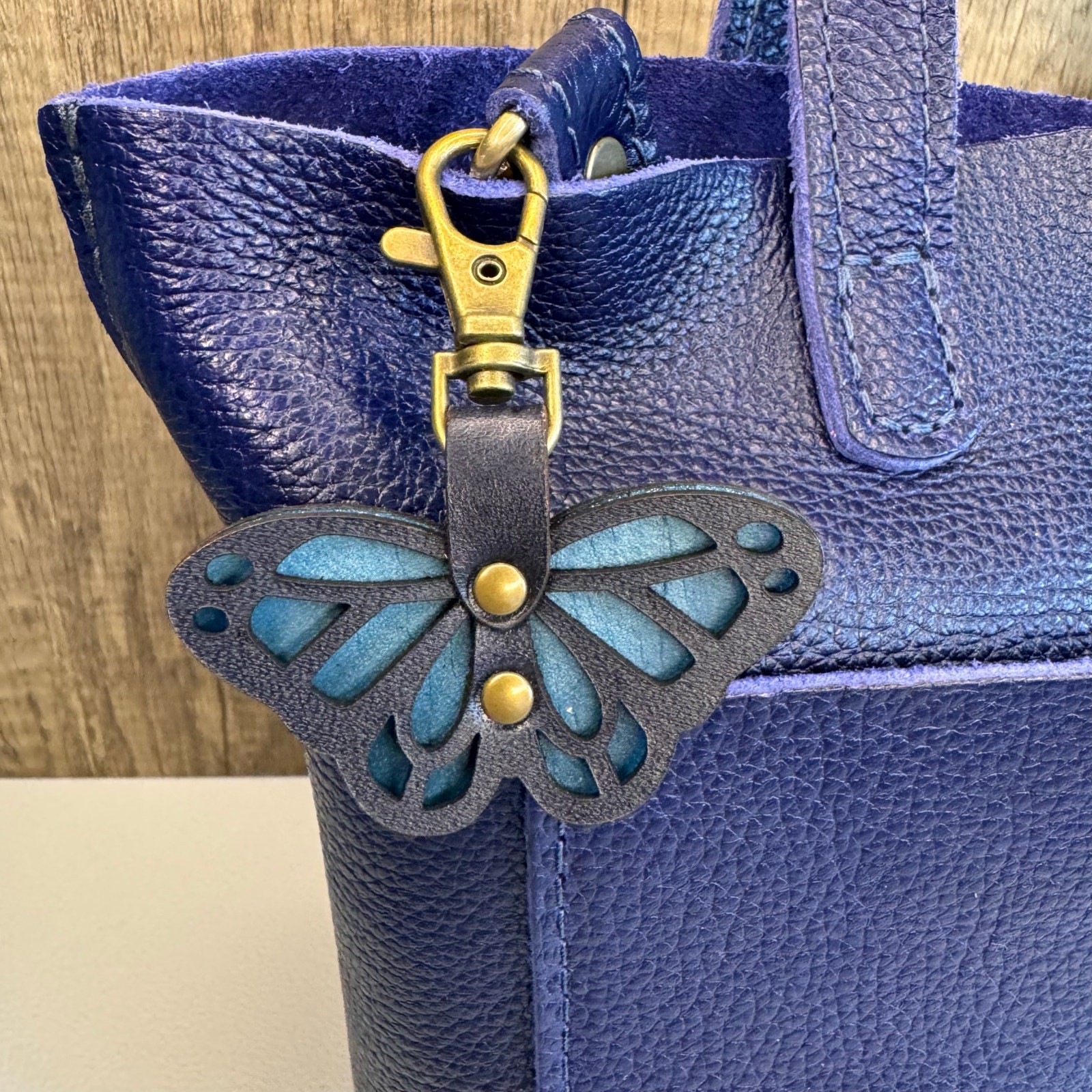 Blue Butterfly Leather Purse Charm Keychain
