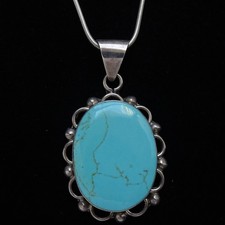 Vintage Mexico Turquoise 925 Sterling Silver Pendant Necklace 17 Snake Chain