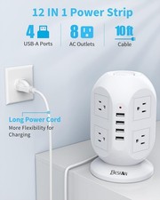 Tower Surge Protector Power Strip with 10 Ft Cord, 8 Outlets  4 USB Ports