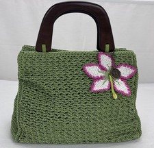 The Sak Sage Green Crochet With Flower Double Wood Handles Womens Purse Bag
