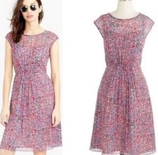 $158 J. Crew Sweet Meadow 💯 Silk Crepe Watercolor Ruched Dress, Pink/Blue, 8