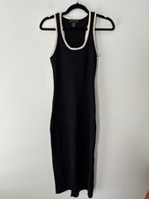 House of Harlow 1960 Women's Black with Cream Trim Ribbed Knit Tank Midi Dress