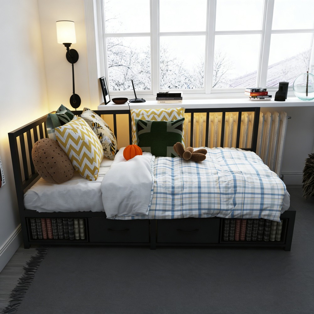 Corner Bed Frame Twin Daybed with Storage Drawers Metal Platform Bed Frame