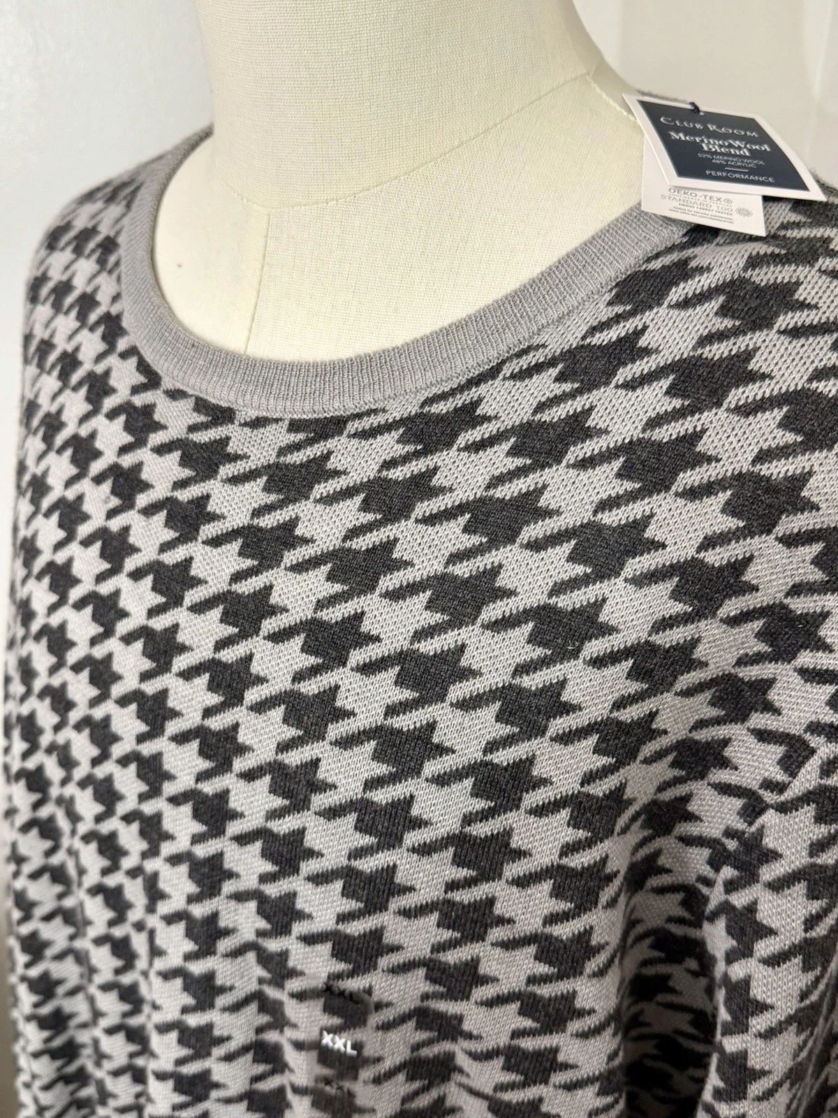 NEW Club Room Mens Sweater Houndstooth Merino Wool Blend Gray XXL NWT $75