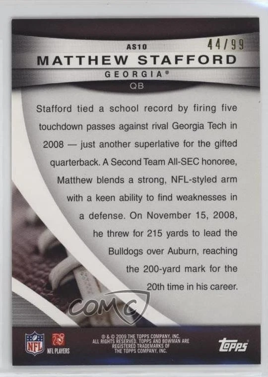 2009 Bowman Draft Picks 09' Rookie All-Stars Bronze /99 Matthew Stafford RC - Image 2 of 2