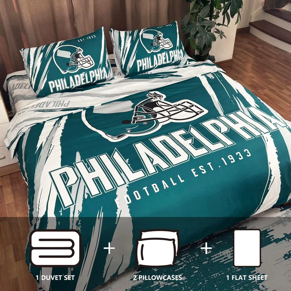 Funda nórdica edredón ropa de cama de fútbol americano Philadelphia doble reina verde medianoche Foto 3 de 4