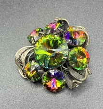 Vintage Brooch Alice Caviness Signed Rivoli Rhinestone Filigree Pin