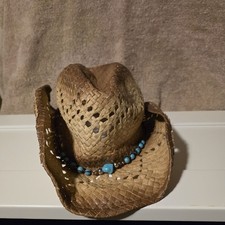 Brown Woven Western Cowboy Hat Beaded Band Turquoise Accent
